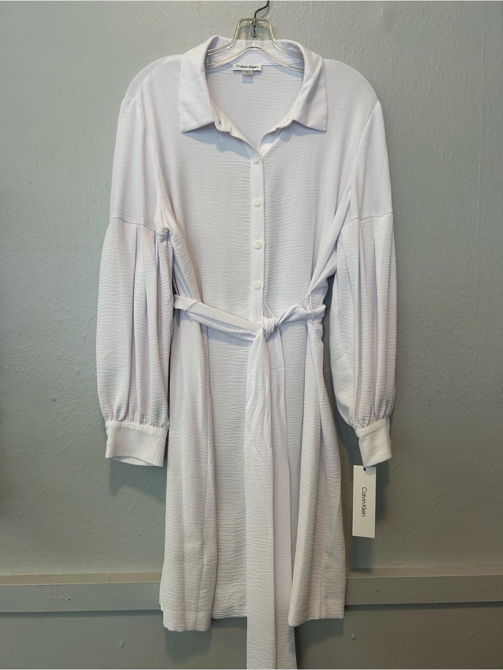 Calvin Klein Cream Button-Front Belted Long Sleeve Dress